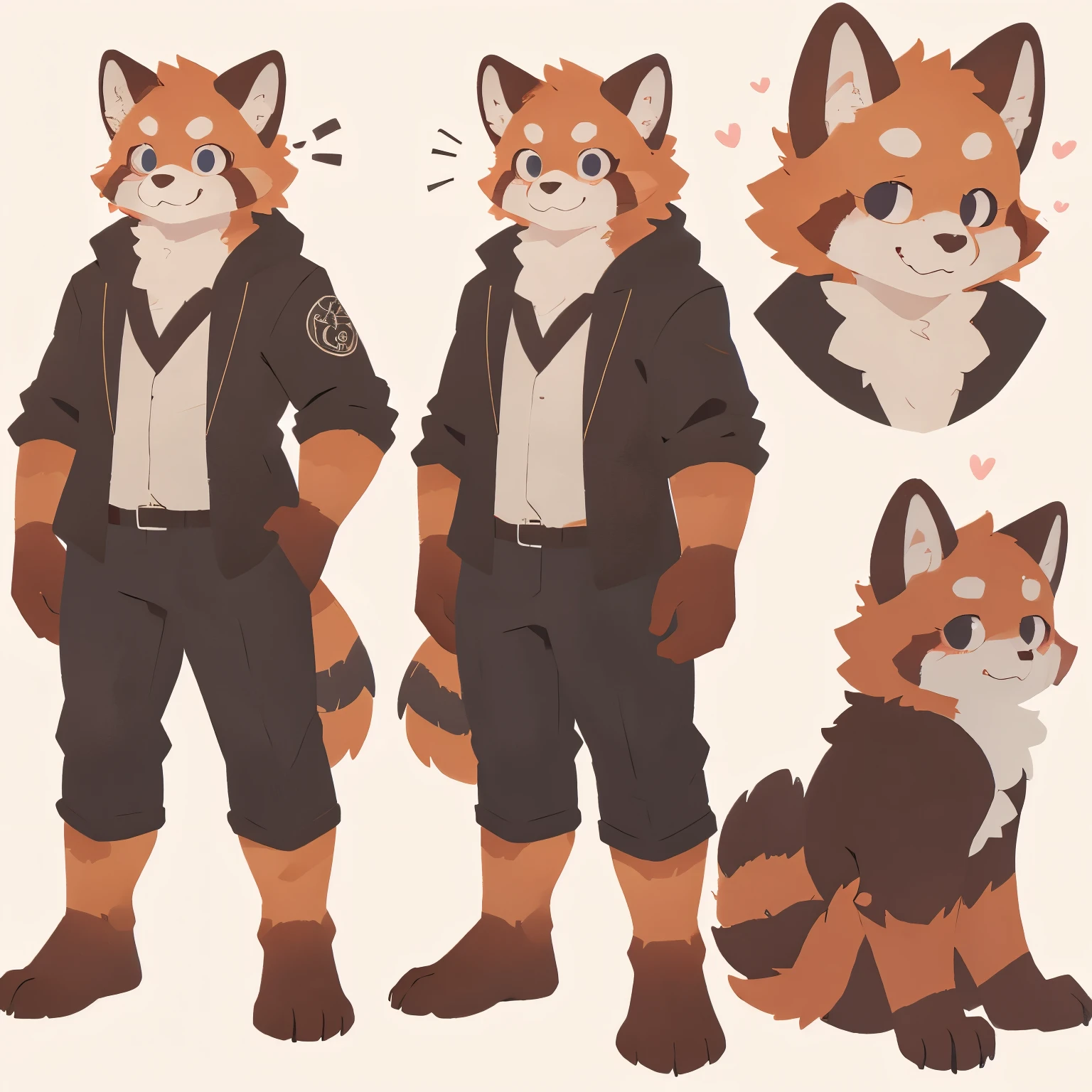 Adult men, male furry fluffy anthropomorphic red panda reference sheet, full body , detailed features like expressive eyes, bushy tail, sharp teeth, realistic fur texture, medium: digital illustration, front view and back view, high-resolution, professional quality, intricate patterns on the fur, adorable and charismatic personality, attention to anatomical, designed facial structure, in office clothes
