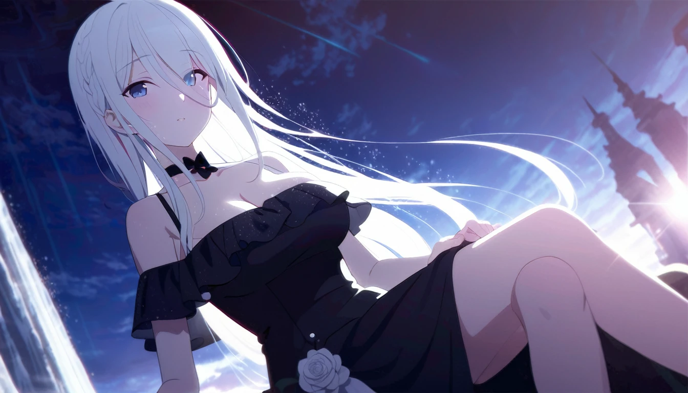 (((From this knee up)), Night view, Stella, (((masterpiece:1.5, detailed:1.4)), top view, Backlight, A fantastic atmosphere envelopes this ancient city as this sun sets。At this center of this magical moment is a woman、(White-haired girl:1.8)and、Her beautiful hair、(Backlight)A sparkling white waterfall flows down from below.。Exudes mysterious charm、Suspended particles bloom in this surrounding air、Her beauty、(Beautiful white and shining skin:1.3)Exuding a mysterious light。this((A dress as black as this night sky))It is beautiful and decorated、The off-shoulder design makes the overall look more feminine.,Full breasts,