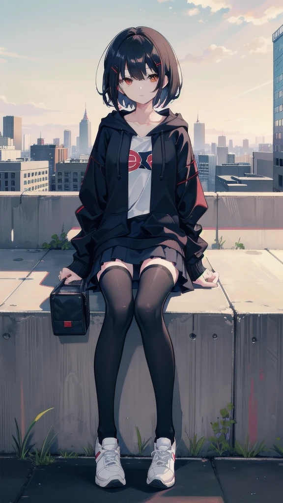 zettai ryouiki, Hoodie,short hair, Black hair, Flat chest, 1girl, Red eyes,teens girl,hair pin,Solo, Morning,full body, highres,blue sky,City,Sit down