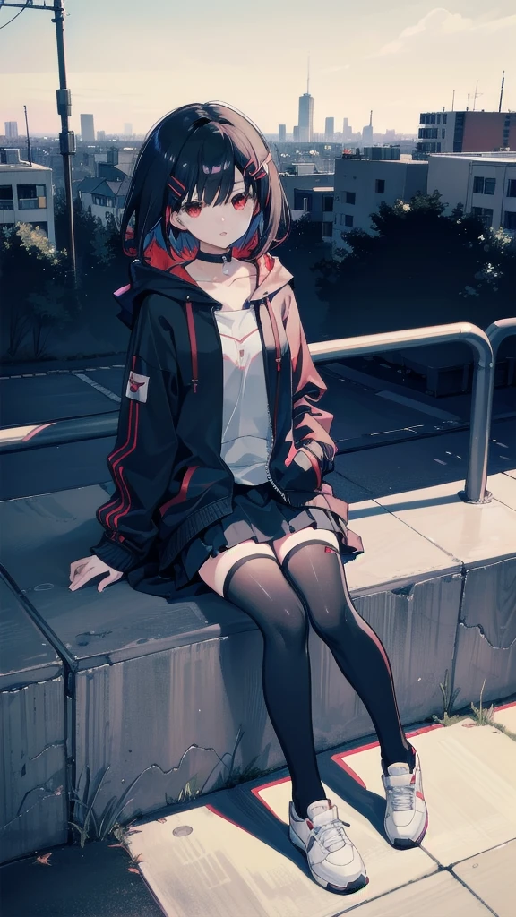 zettai ryouiki, Hoodie,short hair, Black hair, Flat chest, 1girl, Red eyes,teens girl,hair pin,Solo, Morning,full body, highres,blue sky,City,Sit down