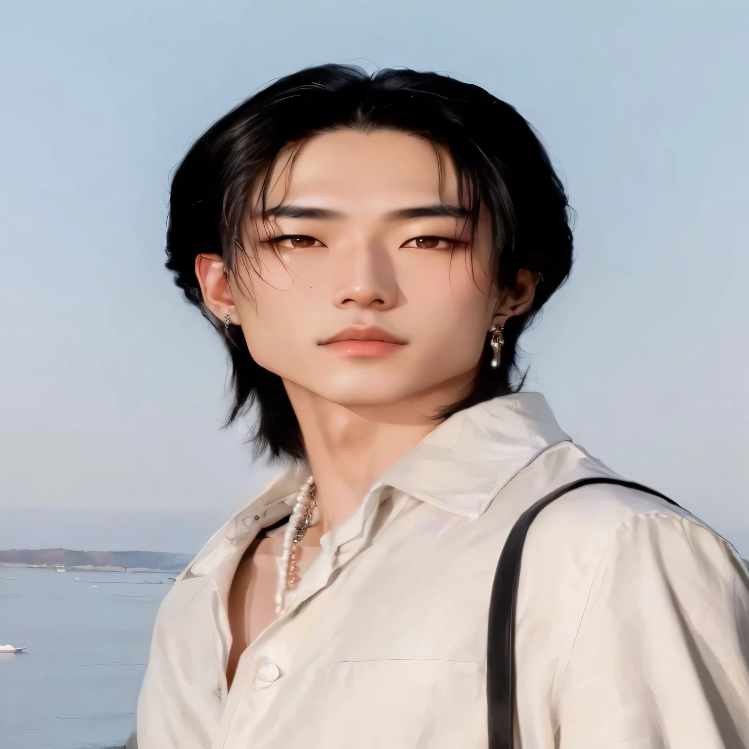 Arafed Asian man with white shirt and black bag, delicate androgynous prince,hombre surcoreano, beautiful androgynous prince, young pale angel, Inspirado por Jooha de pearl boy con facciones suaves