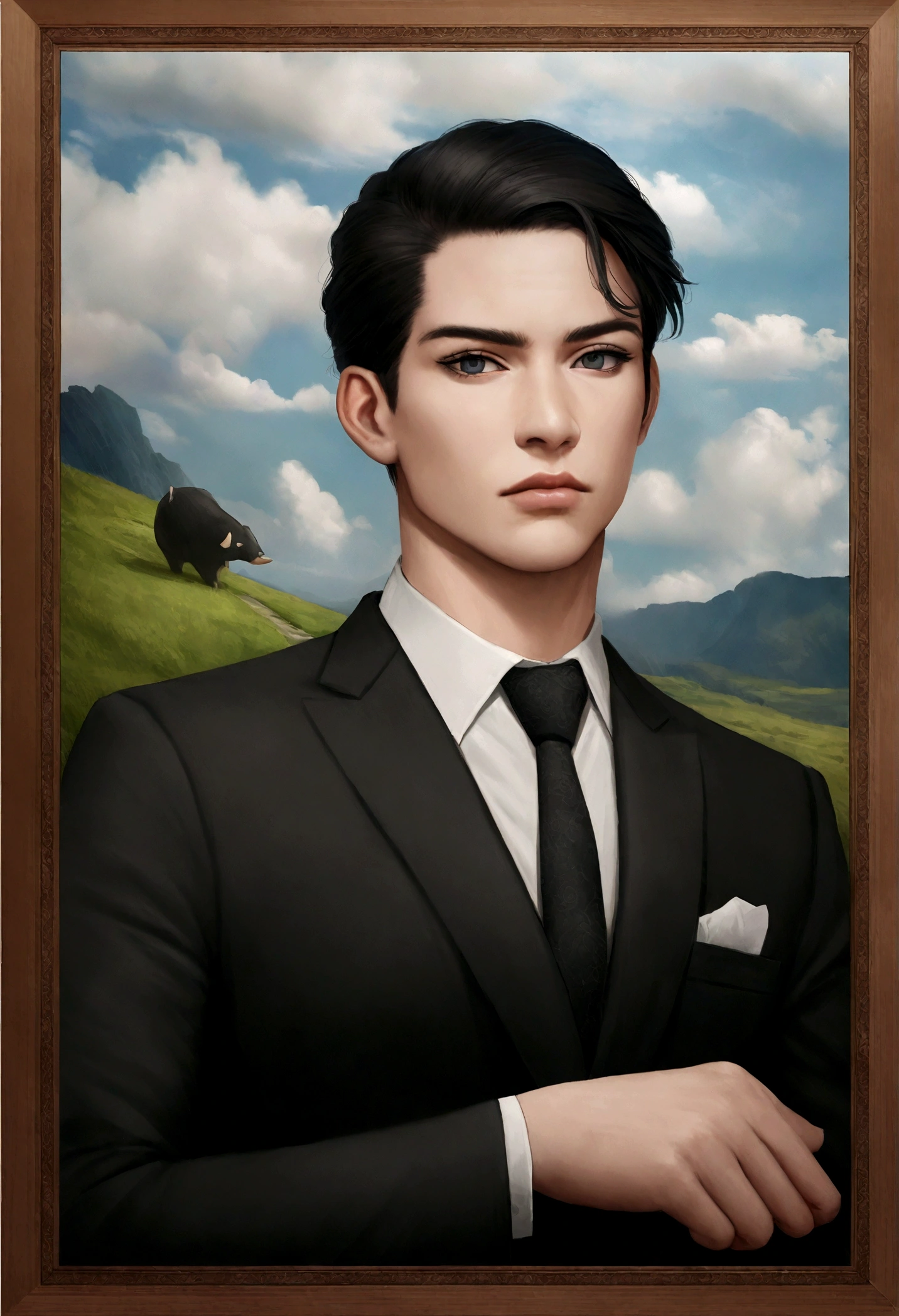 acima、Make a handsome man in his 30s in a black suit and tie, vd, cabelo castanho , (Homem de terno preto e gravata), ), Attractive and serious appearance, cabelos longos e escuros, Estiloso e elegante, Barbear perfeito e corpo forte, (alta qualidade, Imagens realistas), Preto escuro e claro no fundo da imagem, estilo de filme, ((maximum quality, 8K, obra-prima), ultra high definition photo, (lindos rostos detalhados, detalhe da textura da pele, corpo hiperdetalhado:1.1)