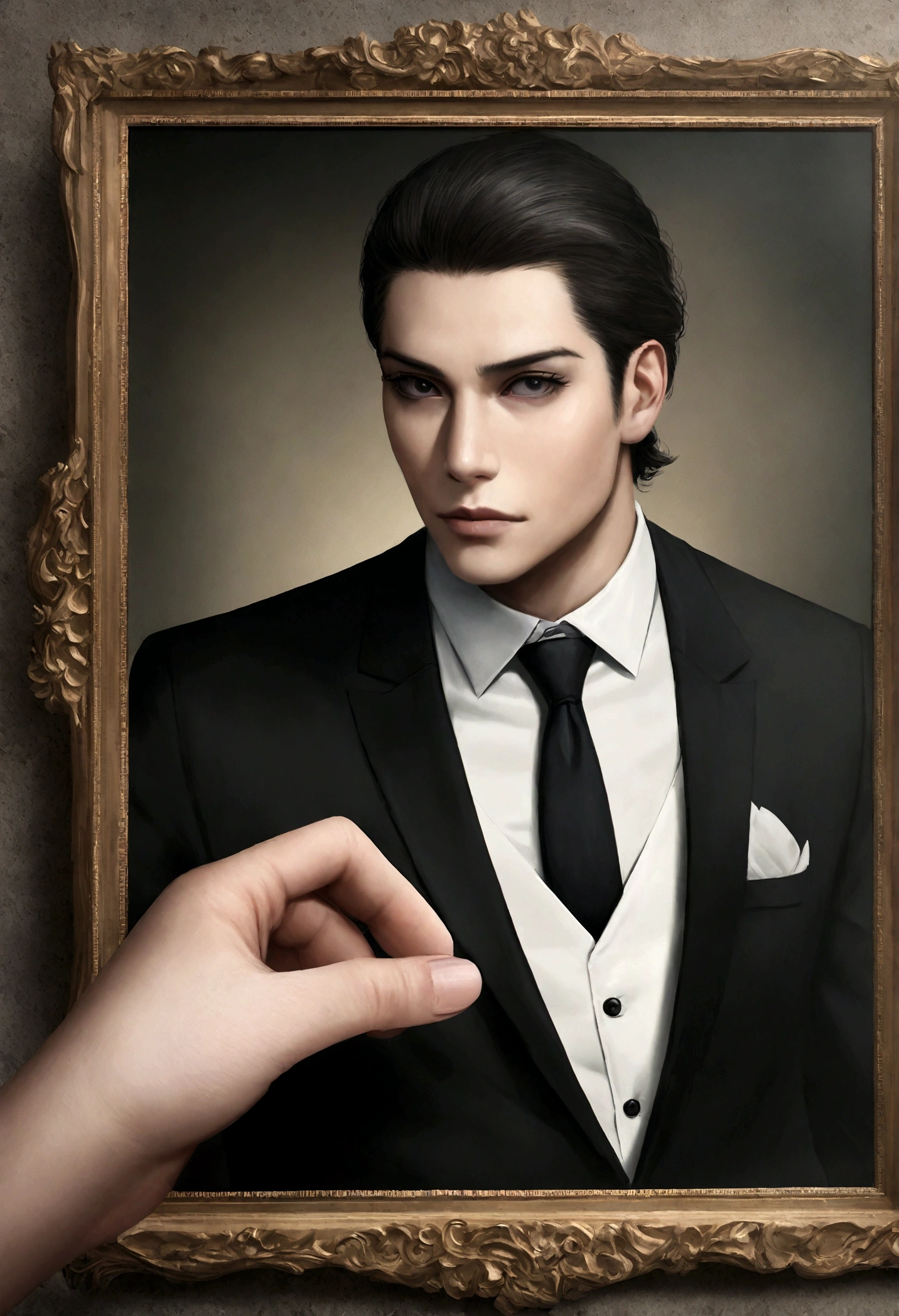 acima、Make a handsome man in his 30s in a black suit and tie, vd, cabelo castanho , (Homem de terno preto e gravata), ), Attractive and serious appearance, cabelos longos e escuros, Estiloso e elegante, Barbear perfeito e corpo forte, (alta qualidade, Imagens realistas), Preto escuro e claro no fundo da imagem, estilo de filme, ((maximum quality, 8K, obra-prima), ultra high definition photo, (lindos rostos detalhados, detalhe da textura da pele, corpo hiperdetalhado:1.1)