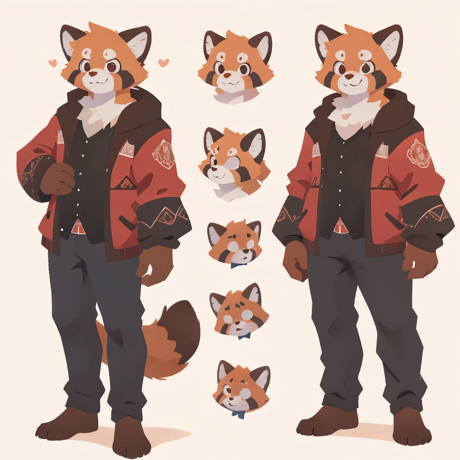 Adult men, male furry fluffy anthropomorphic red panda reference sheet, full body , detailed features like expressive eyes, bushy tail, sharp teeth, realistic fur texture, medium: digital illustration, front view and back view, high-resolution, professional quality, intricate patterns on the fur, adorable and charismatic personality, attention to anatomical, designed facial structure, in office clothes