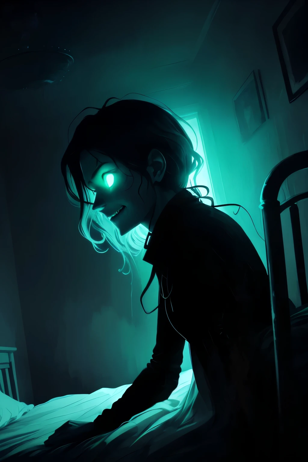 A ghostly and trembling figure stands ominously by the side of the young protagonist's bed, with glowing eyes and a wicked smile on its face. Detailed illustration, high-definition resolution, dynamic angle, eerie atmosphere, dark color scheme, cold sweat dripping from the figure, long hair disheveled, solo, focusing on the upper body, pastel color splashes, thick paint style, messy lines, high saturation, surrounded by colorful splashes, creepy, 1 figure, ominous, negative emotions, mysterious, fears, horror.