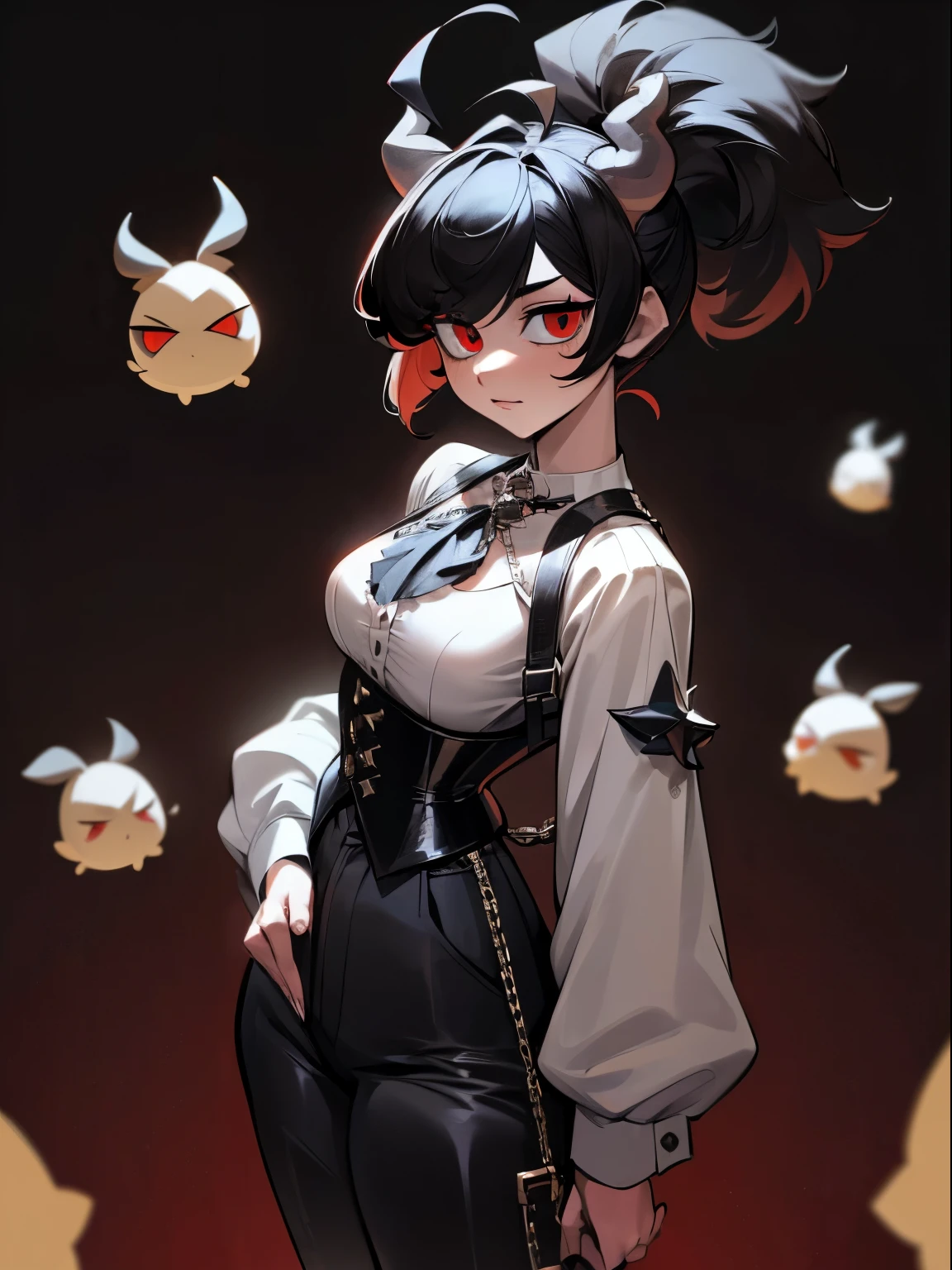 ((masterpiece, best quality)), (1girl), (solo), (female focus) (young woman), (ahoge, black hair, ponytail), red eyes, a bangs on the left side, (white shirt, rhinestone corset), ((black pants)) (little horns) (harness on the waist), standing, white background