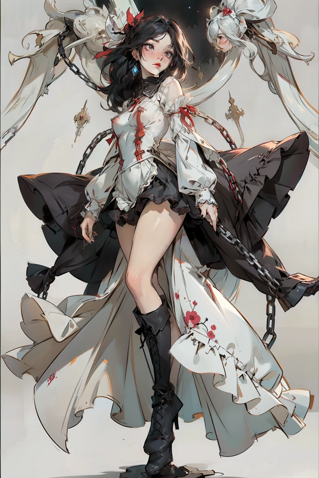((best quality)), ((masterpiece)), (detailed), a penitent female, blank white background, plain background, white background, red and white clothing, Bloodborne aesthetic, occult aesthetic, occult, occult paraphernalia, detailed and intricate steampunk and detailed gothic, NSFW, Very dramatic and cinematic lighting, cosmic horror, grim-dark, side-lighting, perfect face, NSFW, Fluttering lace flared dress with frilly petticoats, pleated petticoats, petticoats, complex lace boots, side-lighting, gothic aesthetic, chains, mechanical components, carbine, NSFW, beautiful small breasts, small breasts, full body, whole body, body, plain background, white background, blank background, no background, white background NSFW, full body, whole body, head-to-toe dynamic poses NSFW