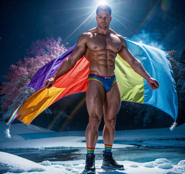 a shirtless Bobby Drake of the X-Men, full body, rainbow flag, cinematic lighting, highly detailed, 8k, photorealistic, hyper detailed, masterpiece, dramatic pose, muscular build, icy powers, snowy background, winter setting