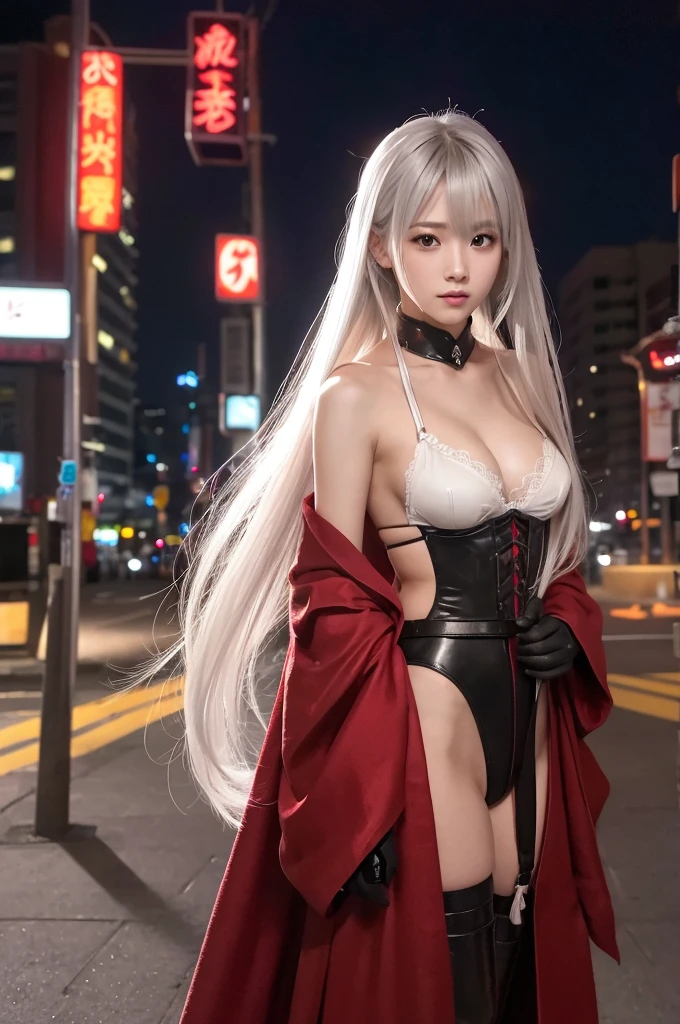 highest quality、8k Masterpiece、超A high resolution、(Photorealistic:1.3)、RAW Photos、1 girl、Silvery white shiny super long hair、Glowing Skin、samurai、Ninja、((Ultra-Realistic Details))、Portrait、Global Illumination、Shadow、Octane Rendering、8k、Super sharp、Beautiful breastetal、Cold colors、、Very intricate details、Realistic Light、CGSoation Trend、Beautiful Eyes、Shining Eyes、To the camera、Neon Details、20age、Too beautiful face、Intelligence、Obscene、sexy、Moe、Rin、whole body、Healthy Body、The background is Shinjuku at night、Helipad on a high-rise building、love、Charm、mischievous、Future、白いbattle服、Wearing a red robe、Short knife、Jedi Knight、battle、Overbearing、Realistic photos、Realistic facial features、Super long silvery white hair fluttering in the wind、Black boots、Realistic costumes、wide shot、full body、garter belt、A more realistic and beautiful Japanese person、Twin tails