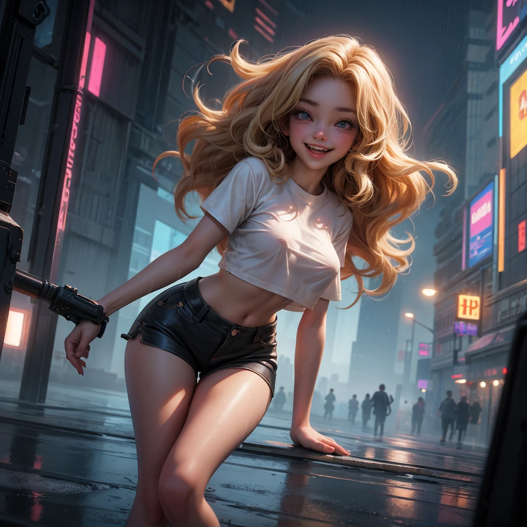 gorgeous 18 year old with wavy blond hair detailed alluring eyes d-cup breasts, Thigh gap long sexy legs wearing tiny shorts tshirt laughing in beautiful futuristic cyberpunk+ city, mist, wet, raining, best quality masterpiece, photorealistic, detailed, 8k, HDR, shallow depth of field, broad light, high contrast