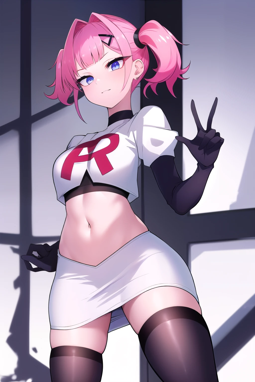 absurdres, best quality, androgynous, solo, looking at viewer,eye focus, TachibanaHinano, (short hair:0.75), medium breasts, (split-color hair), blue eyes, hairclip, (messy hair:1), choker, (earrings:0.1), (sidelocks)
BREAK
pink hair, (swept bangs:0.25), sidelocks
BREAK
(blunt bangs:1), (sidelocks:1.5), team rocket,team rocket uniform,white skirt,red letter R,crop top,black thigh-highs,black elbow gloves