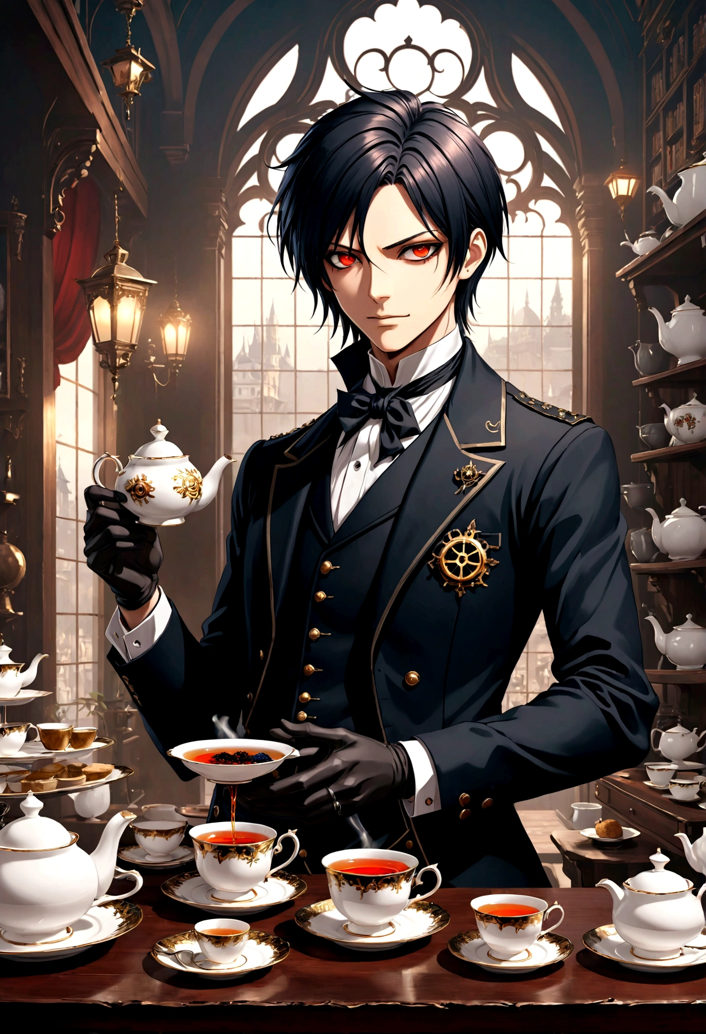 1boy, Sebastian Michaelis, Black Butler, black hair, red eyes, a handsome butler serving tea, intricate, elegant . detailed matte painting, deep color, fantastical, intricate detail, splash screen, complementary colors, fantasy concept art, 8k resolution trending on Artstation Unreal Engine 5, masterpiece, best quality, very aesthetic, absurdres