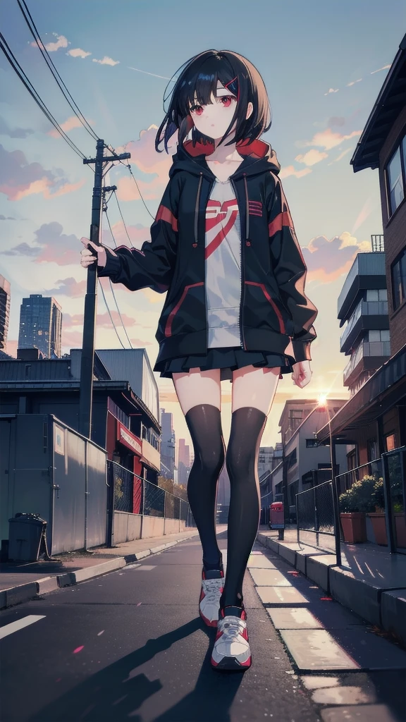 zettai ryouiki, Hoodie,short hair, Black hair, Flat chest, 1girl, Red eyes,teens girl,hair pin,Solo, Morning,full body, highres,blue sky,City,Looking up at the shining sunset