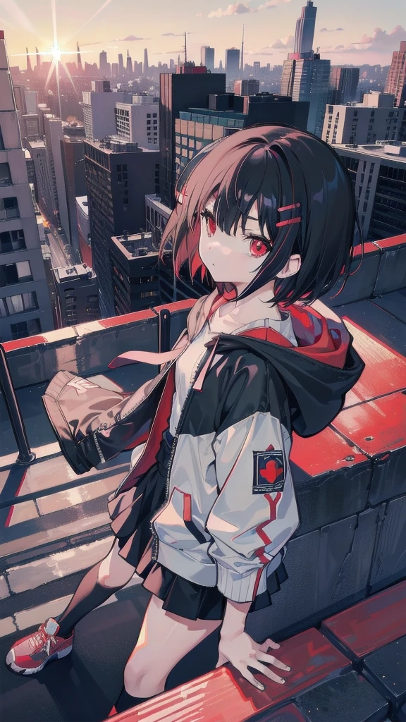 zettai ryouiki, Hoodie,short hair, Black hair, Flat chest, 1girl, Red eyes,teens girl,hair pin,Solo, Morning,full body, highres,blue sky,City,Looking up at the shining sunset