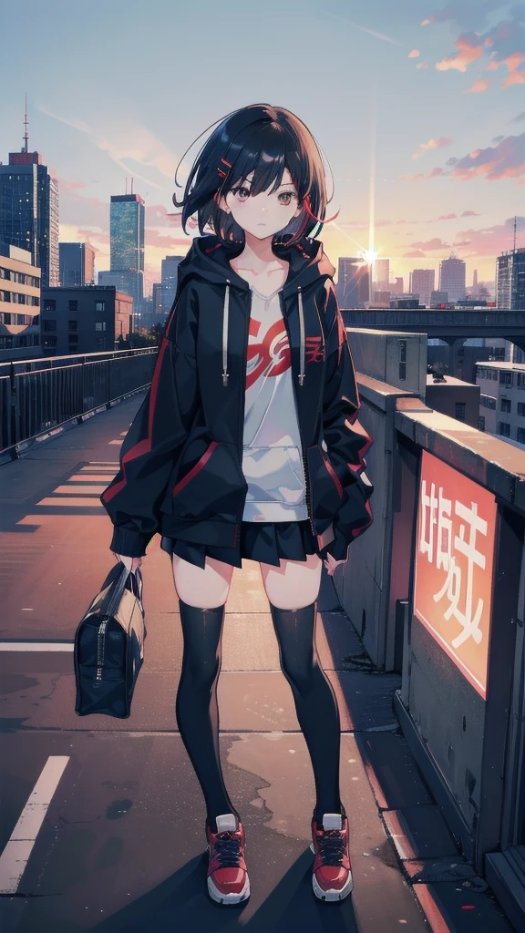 zettai ryouiki, Hoodie,short hair, Black hair, Flat chest, 1girl, Red eyes,s girl,hair pin,Solo, Morning,full body, highres,blue sky,City,Looking up at the shining sunset