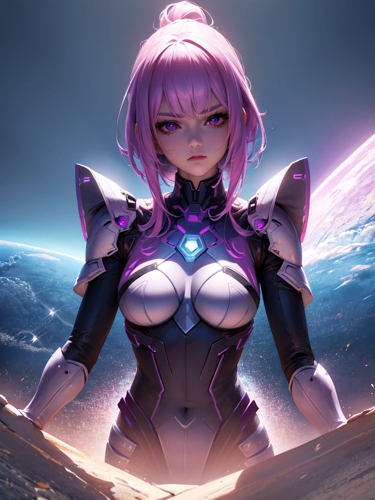 a pretty girl half human and half android, half metallic armor, half s3xy lace, purple eyes, pink and white hair, extremely detailed face, perfect facial symmetry, perfect body, on an unknown planet near her spaceship, (best quality,4k,8k,highres,masterpiece:1.2),ultra-detailed,(realistic,photorealistic,photo-realistic:1.37),concept art,digital painting,cinematic lighting,dramatic shadows,vibrant colors,intricate details