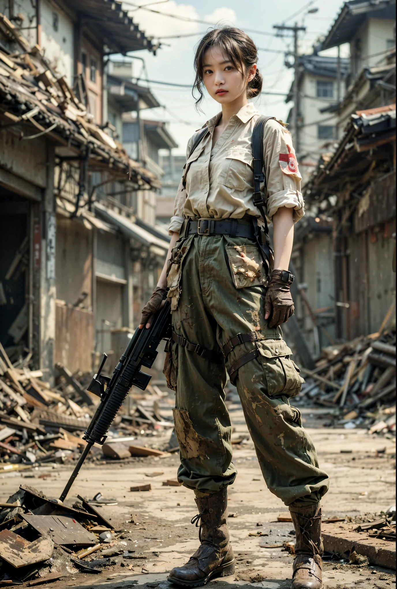 Fictional WWII former Japanese Imperial Army, multi-legged weapon, Japanese female soldier, beautiful face, torn pants, dirty clothes, very intricate details, very realistic textures, realistic feel, peeling paint, devastated city background, photo realistic, taken with Fuji film X-T30+Nokton. HDR10
