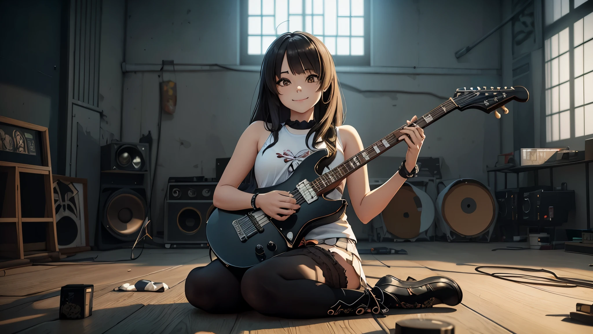 ((japanese 3d style manga anime artwork)) (((textile & face natural shading))), (((Best Quality))), (((masterpiece))), (((cartoon style with natural dramatic shade))) (A girl with mexican de los muertos style skull face painting on her face), full body stylish cool gesture, long brown curly hair. wearing white sleeveless tanktop with mini skirt & black boots , She has long dark hair, she is posing & holding an electric guitar & smiling with edgy, sitting at the floor, white clean background, 4K, perfect, empty stage concert background, full of sound equipment, messy natural