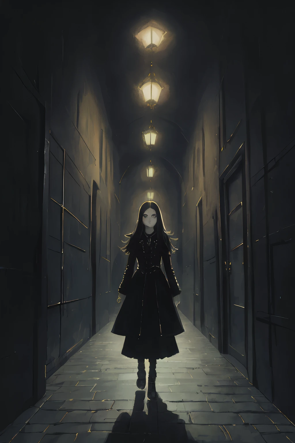 A chilling masterpiece unfolds the nightmarish scene of a young woman, her eyes brimming with terror and despair, as she is relentlessly pursued by shadows in the labyrinthine corridors. The immaculate high quality of this artwork is evident in every stroke, displaying an extremely detailed CG scene in 8k resolution. The best quality lighting casts dramatic and intricate shadows, creating a stark contrast that accentuates the dark corridors, which seemingly stretch on endlessly.
The young woman is portrayed in a sophisticated digital painting, with dynamic angles highlighting her every feature, and a bloom effect adding an ethereal touch to her white dress. The dark corridors