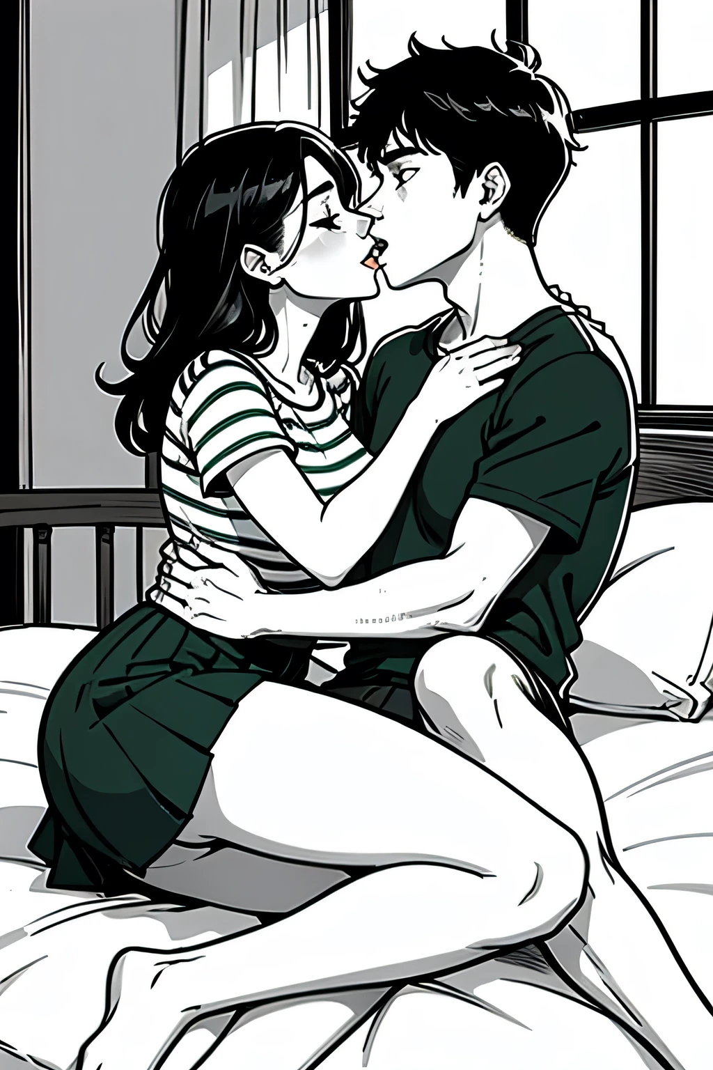 Amazing portrait of a sexy and  woman  wearing a black and white striped t shirt and a dark green skirt kissing and making out passionately with a shirtless boy on the bed in an intimate setting