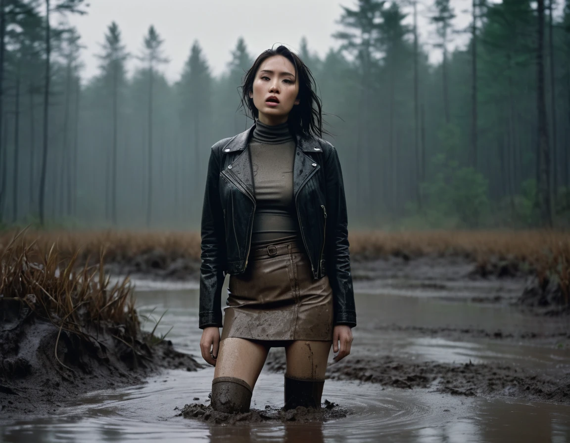 8k, ultra-detailed, documentary drama photo, grainy film photo, side view, dynamic, masterpiece,muted colors, muffled light, dusk, rainy, moody, adrenaline, gloomy orgasm,detailed feminine face features, woman drowning in forest mud bog, shame expression, stockings, pencil skirt, light faded turtleneck, faded leather jacket, beautiful long brunette hair,asian:0.5,