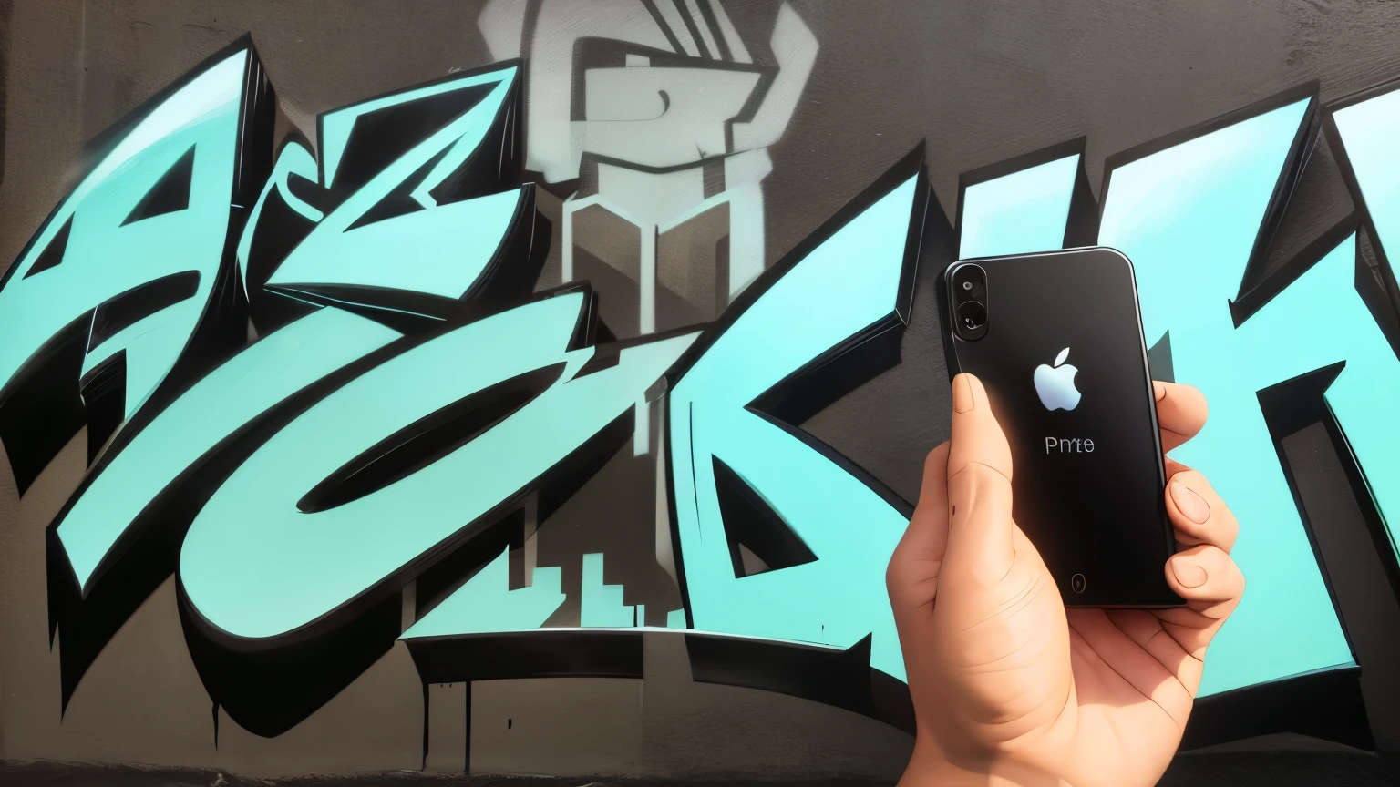 a rapper holding an iphone pro max in an urban city with graffiti on the wall