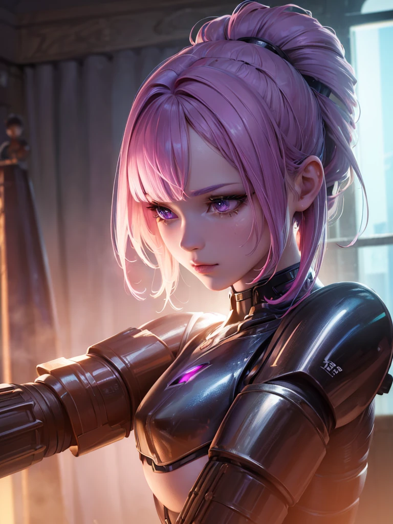 a pretty girl half human and half android, half metallic armor, half s3xy bustier laces bra, face half robot half human, purple eyes, pink and white hair, extremely detailed face, perfect facial symmetry, perfect body, on an unknown planet near her spaceship, (best quality,4k,8k,highres,masterpiece:1.2),ultra-detailed,(realistic,photorealistic,photo-realistic:1.37),concept art,digital painting,cinematic lighting,dramatic shadows,vibrant colors,intricate details