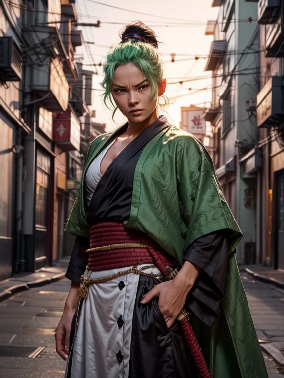 Create a realistic image of Roronoa Zoro from One Piece as a woman. She should have green hair styled like Zoro's, with a confident and fierce expression. Dress her in a modern outfit that includes a green sash and elements of traditional samurai clothing. She should have a muscular build and three katanas, one in her hand and two at her waist. The background should blend a modern cityscape with traditional Japanese elements. Use dramatic lighting and shading to capture her intense persona.