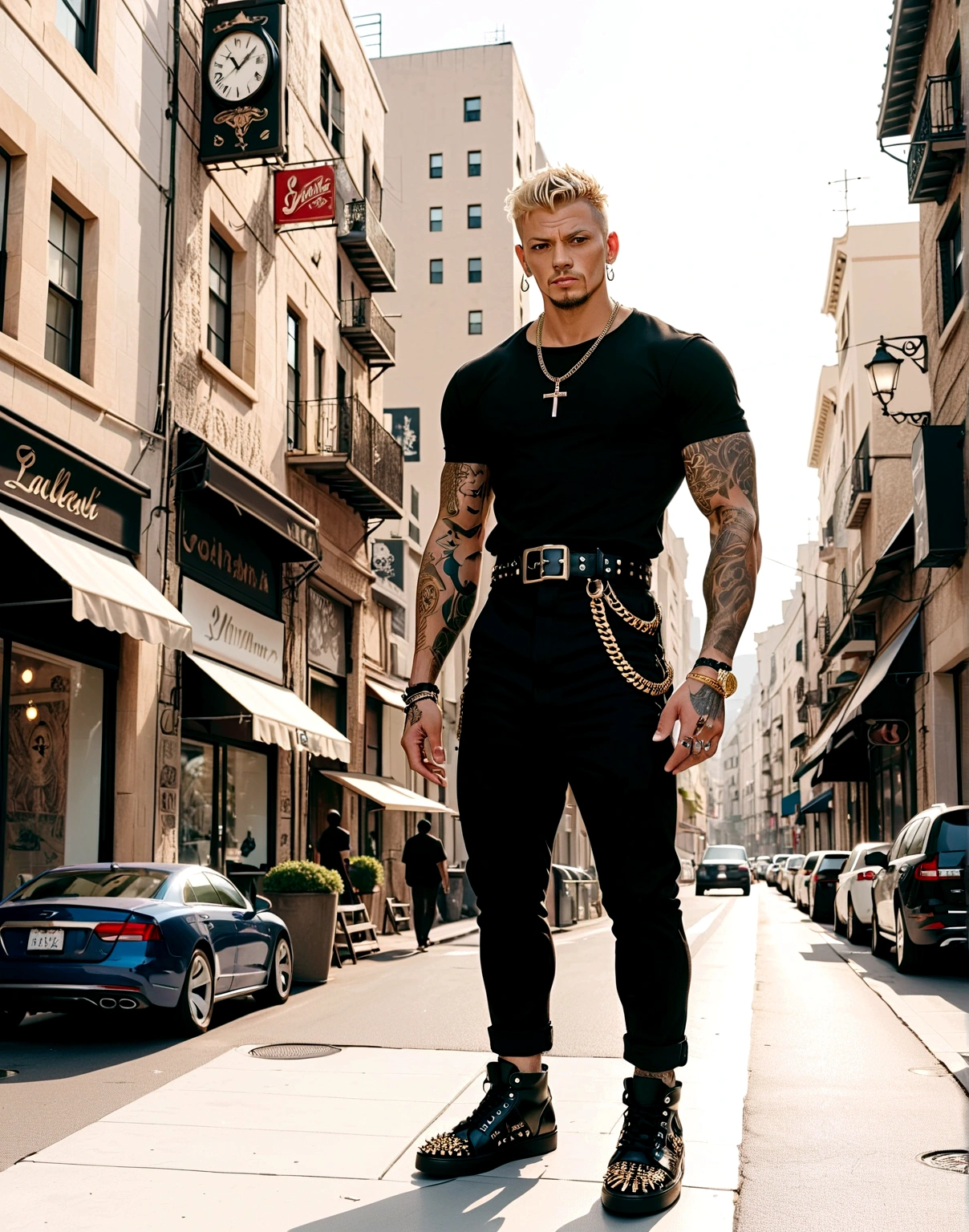 male、solo、short hair、Blonde、Short sleeve shirt、Black clothes、Cross Buckle Belt、Large buckle, CHROME HEARTS, Black trousers、thorny shoes、christian louboutin louis spikes, Spike sneakers, Black shoes, Muscular、Tattoo、Frowning、Gold Necklace、Chain Bracelet、Luxury Watches、Color Correction