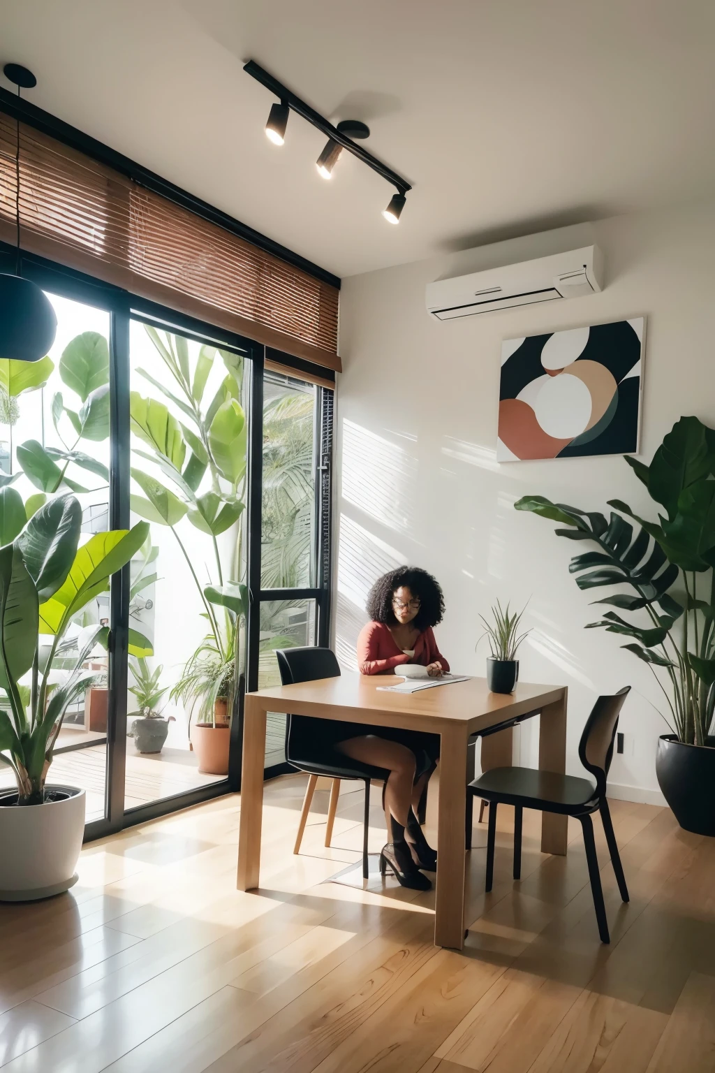 In a tropical modern design office, decorated with a profusion of lush plants, two black women are involved in an interior design consultation.

The client is a black woman with well-defined curly hair., vestindo uma blusa casual de cor neutra, e expressa interesse e entusiasmo enquanto observa atentamente uma planta baixa sobre a mesa.

The architect next to you is also a black woman, dressed in an elegant feminine jacket in terracotta color. Ela se distingue pelo seu estilo marcante, usando um turbante com tecido estampado de cores vibrantes que complementa sua roupa. The turban is tied in a sophisticated way, com uma ponta ligeiramente levantada, adding a touch of elegance to the set.

The floor plan they are looking at is on a light wood table with soft finishes. Ela exibe linhas precisas e detalhadas, sugerindo a estrutura e o layout de um ambiente interno, with handwritten notes and highlights, indicating areas of focus.

The office itself reflects a tropical modern aesthetic, combining contemporary elements with vibrant nature. The walls are adorned with open shelves that display potted plants of various shapes and sizes., creating a sense of freshness and vitality. Plantas como samambaias, Adam&#39;s ribs and small palm trees are visible, bringing green and life to space.

The lighting is soft and natural, probably coming from large windows or diffused light that highlights the rich details in the office. The floor is covered with a natural fiber rug, acrescentando uma textura terrosa que complementa o ambiente tropical.

No fundo, uma parede com textura suave ou um painel de madeira clara pode ser visto, proporcionando um contraste quente e aconchegante. Some works of art or contemporary style paintings decorate the wall, adding personality and an artistic touch to the environment.

Ambiente: The air is one of creative collaboration and focus, com as duas mulheres imersas 