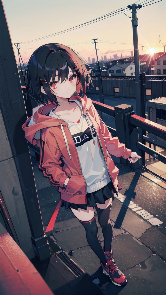 zettai ryouiki, Hoodie,short hair, Black hair, Flat chest, 1girl, Red eyes,teens girl,hair pin,Solo, Morning,full body, highres,blue sky,City,Looking up at the shining sunset,Looking up at the sky,Sad expression