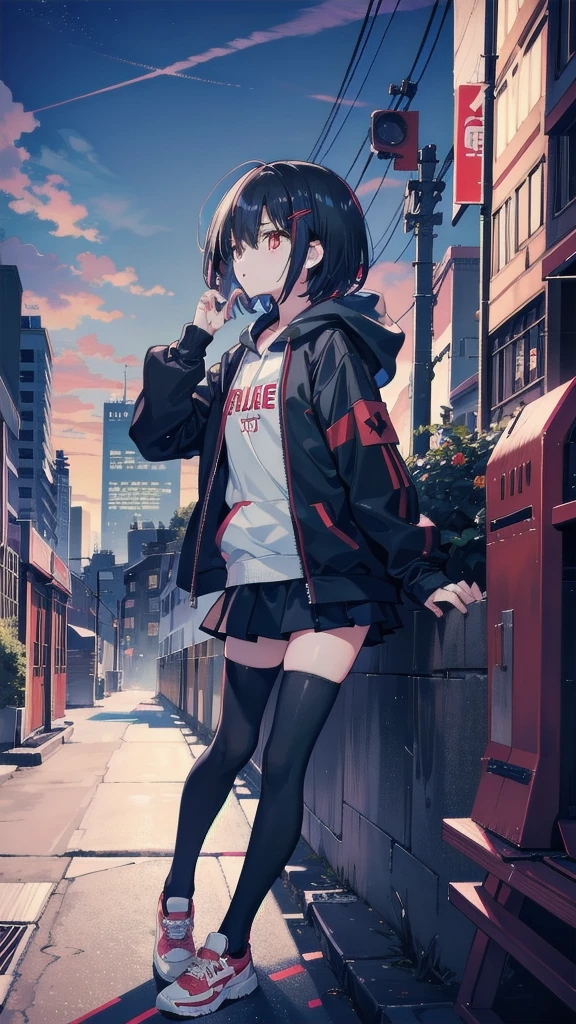 zettai ryouiki, Hoodie,short hair, Black hair, Flat chest, 1girl, Red eyes,teens girl,hair pin,Solo, Morning,full body, highres,blue sky,City,Looking up at the shining sunset,Looking up at the sky,Sad expression