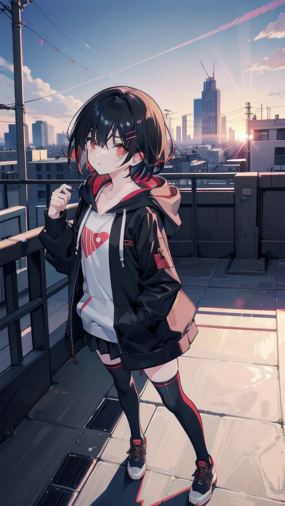 zettai ryouiki, Hoodie,short hair, Black hair, Flat chest, 1girl, Red eyes,teens girl,hair pin,Solo, Morning,full body, highres,blue sky,City,Looking up at the shining sunset,Looking up at the sky,Sad expression