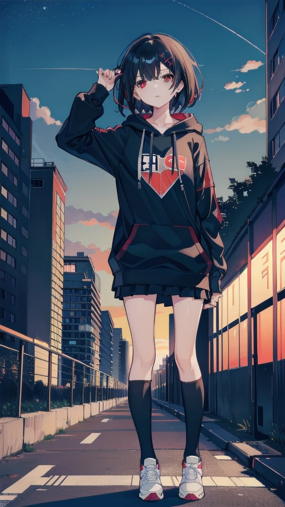 zettai ryouiki, Hoodie,short hair, Black hair, Flat chest, 1girl, Red eyes,teens girl,hair pin,Solo, Morning,full body, highres,blue sky,City,Looking up at the shining sunset,Looking up at the sky,Sad expression