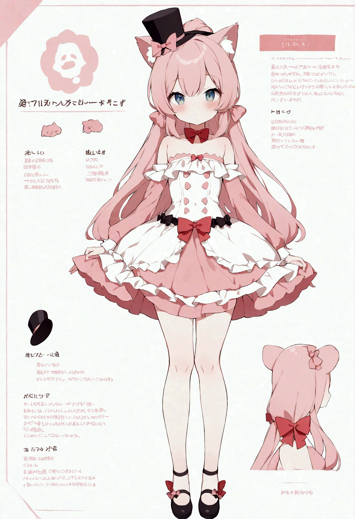 (masterpiece),Character sheet, 2d. ,girl,pink sleeve,single,cat ears,long ponytail,Lovely cake dress,esbian full body,adorable,a skirt,looking at viewer,straight dresses,bare shoulders exposed,bare legs,Beautiful detailed eyes,Be red on the face,standing on your feet,clavicle,No shoulder strap,top hat,shoes,laws,ruffle,flat chest,short skirt,Bow knot,longer sleeves,arms at the sides,beautiful background,