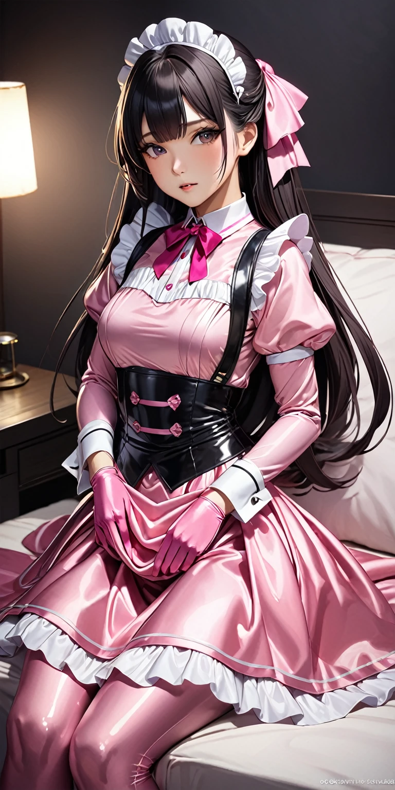 (masterpiece,highest quality,超A high resolution),Japanese women, (((Very beautiful 25 year old girl))),(Pink Satin Maid Clothes)、Pink satin mermaid skirt、Pink satin long sleeve shirt、Pink satin long gloves、The clothes fit snugly to the body、Satin is very shiny.、Dark Room
