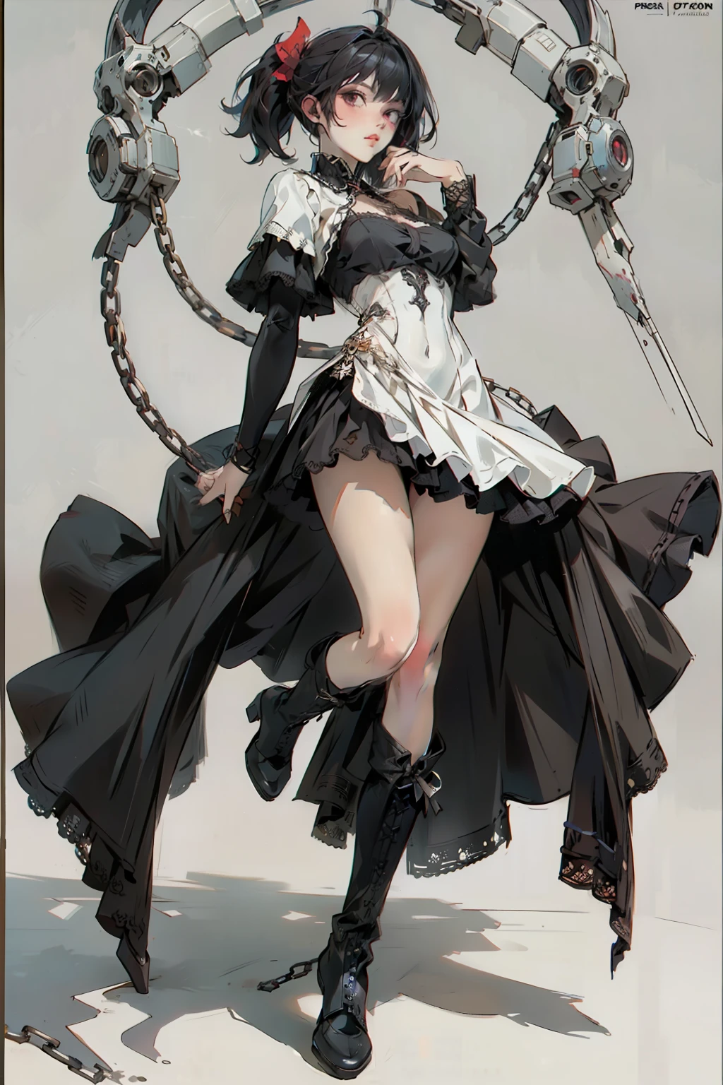 ((best quality)), ((masterpiece)), (detailed), a penitent female, blank white background, plain background, white background, red and white clothing, Bloodborne aesthetic, occult aesthetic, occult, occult paraphernalia, detailed and intricate steampunk and detailed gothic, NSFW, Very dramatic and cinematic lighting, cosmic horror, grim-dark, side-lighting, perfect face, NSFW, Fluttering lace flared dress with frilly petticoats, pleated petticoats, petticoats, complex lace boots, side-lighting, gothic aesthetic, chains, mechanical components, carbine, NSFW, beautiful small breasts, small breasts, full body, whole body, body, plain background, white background, blank background, no background, white background NSFW, full body, whole body, head-to-toe dynamic poses NSFW