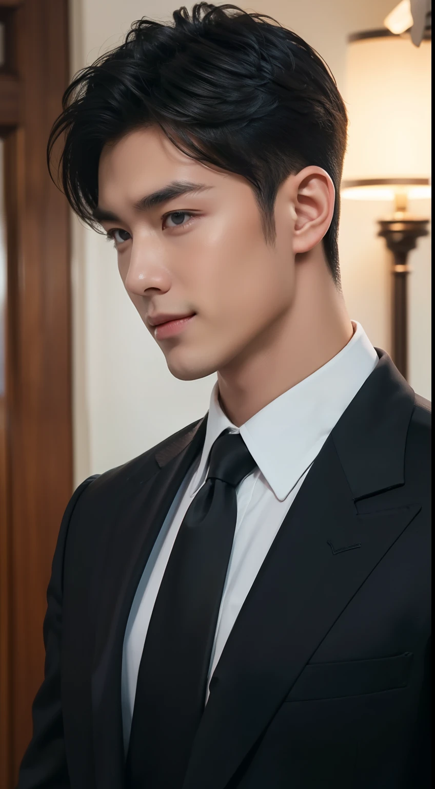 ((Men)), (head shot), (frontal face), (half body view), (Handsome muscular man in his 30s wearing black luxury suit with black necktie), zi wang (prince chiu), Mischievous smile, (detail: 1 in 1), Natural muscles, HIG quality, beautiful eyes, (Detailed face and eyes), (Face、: 1 / 2), Noise, Real Photographics, ... ...................................................................................................PSD, Sharp Focus, High resolution (8K), realistic & Professional Photography, 8K UHD, Soft lighting, High quality, Film grain, FujifilmXT3