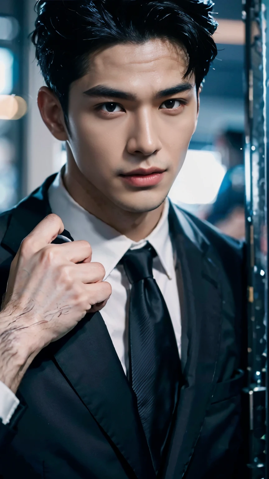 ((Men)), (head shot), (frontal face), (half body view), (Handsome muscular man in his 30s wearing black luxury suit with black necktie), zi wang (prince chiu), Mischievous smile, (detail: 1 in 1), Natural muscles, HIG quality, beautiful eyes, (Detailed face and eyes), (Face、: 1 / 2), Noise, Real Photographics, ... ...................................................................................................PSD, Sharp Focus, High resolution (8K), realistic & Professional Photography, 8K UHD, Soft lighting, High quality, Film grain, FujifilmXT3