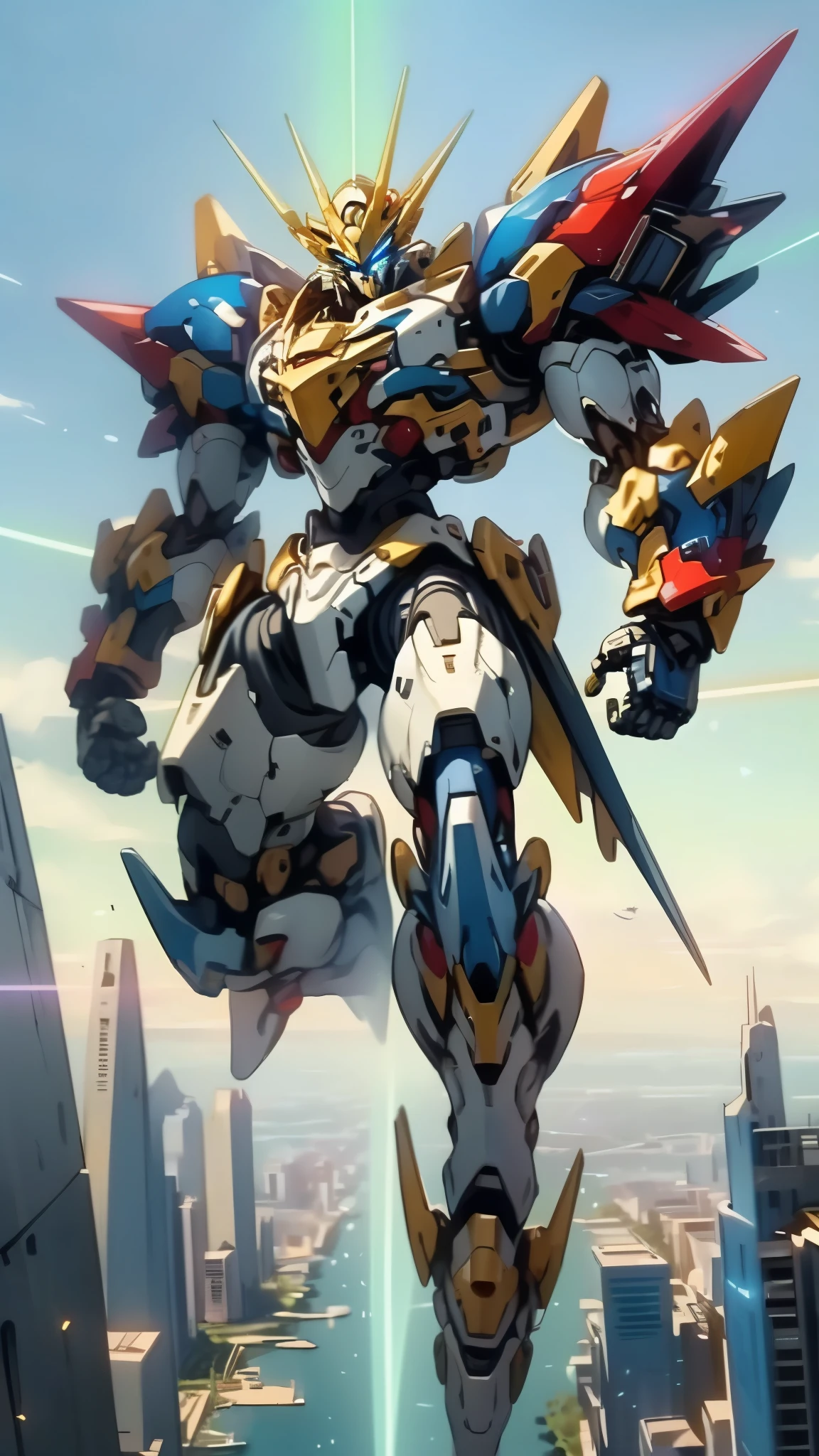 Humanoid Mecha, fully enclosed shoulder guards, matching arm and leg guards, full body, full armor, the design balances heavy with agility, (the color scheme is primarily white with red and blue accents, the concept Inspired by Super robot, organic biotech armor, standing, floating high above the futuristic sci-fi city), exquisite and mature art style, (aura effect, energy, glowing eyes, the armor glows), ((SRS)), metallic, dynamic, dramatic, high definition, best quality, highres, ultra-detailed, ultra-fine painting, extremely delicate, professional, perfect body proportions, anatomically correct, symmetrical face, extremely detailed eyes and face, high quality eyes, creativity, RAW photo, UHD, 32k, Natural light, cinematic lighting, masterpiece-anatomy-perfect, masterpiece:1.5