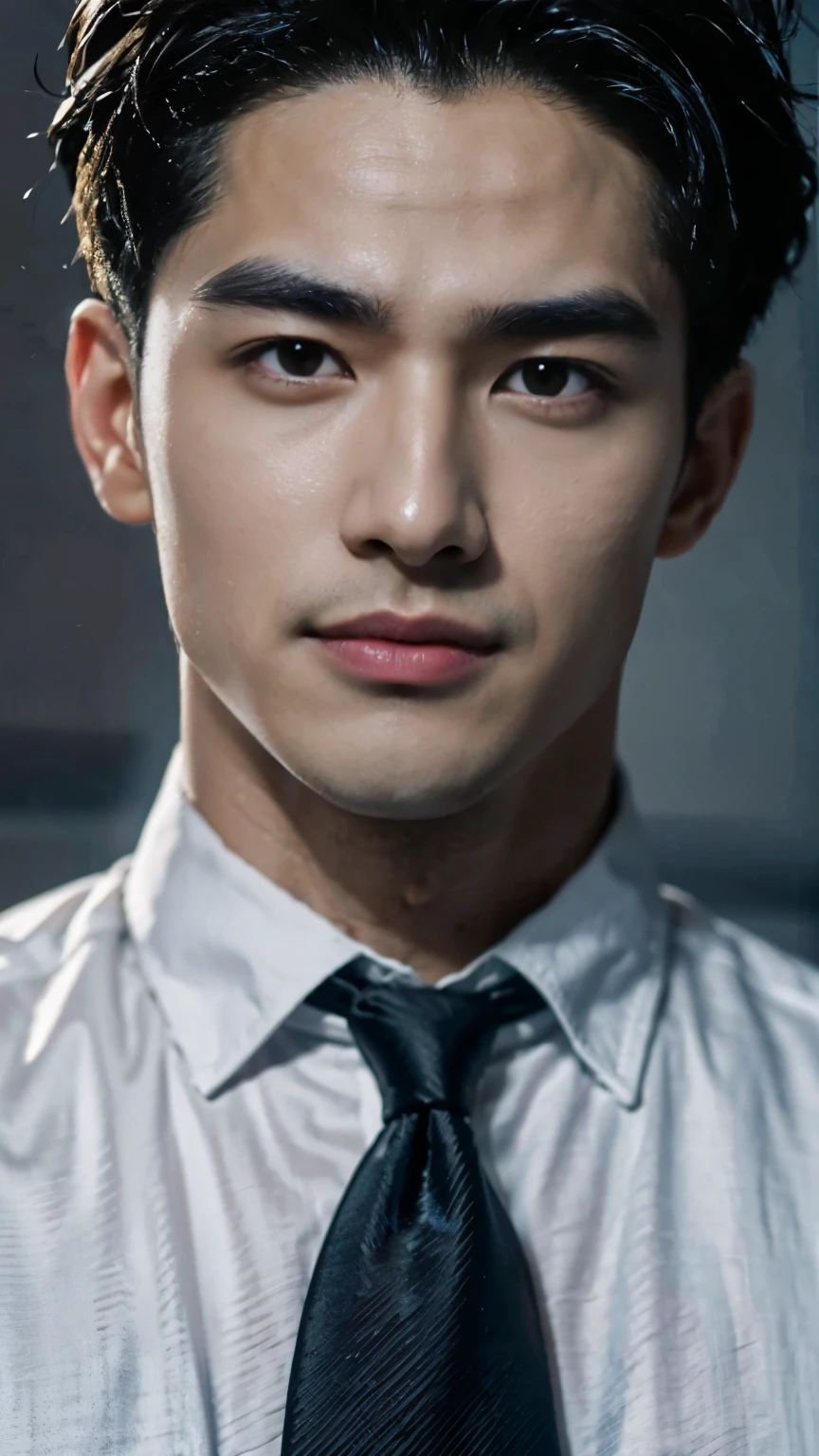((Men)), (head shot), (frontal face), (half body view), (Handsome muscular man in his 30s wearing black luxury suit with black necktie), zi wang (prince chiu), Mischievous smile, (detail: 1 in 1), Natural muscles, HIG quality, beautiful eyes, (Detailed face and eyes), (Face、: 1 / 2), Noise, Real Photographics, ... ...................................................................................................PSD, Sharp Focus, High resolution (8K), realistic & Professional Photography, 8K UHD, Soft lighting, High quality, Film grain, FujifilmXT3