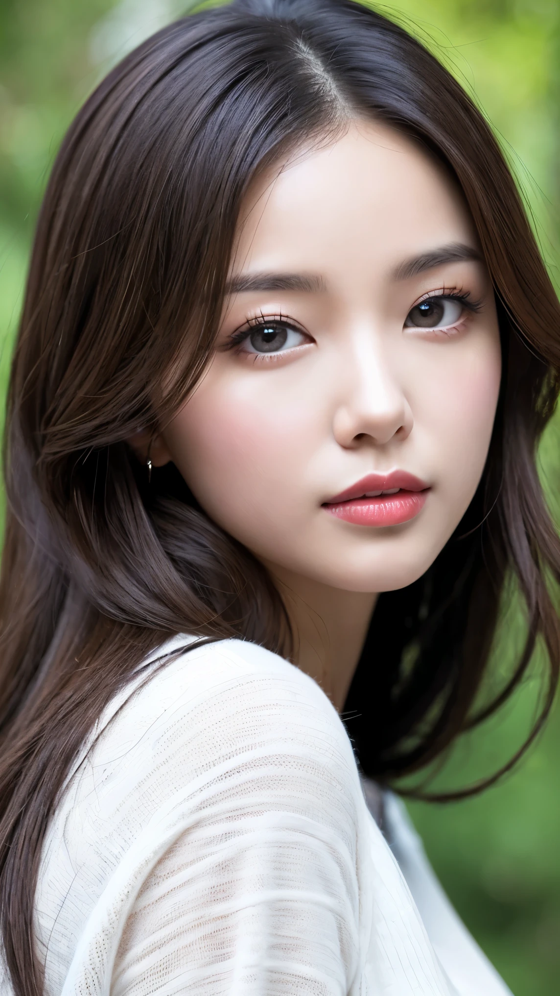 (the most absurd quality perfect eyes), ((natural super beautiful cute sharp-face)), (light pale complexion), ((clear no blur and sharp perfect round realistic brown_eyes:1.25)super detail), finely detailed pupils, detailed lips:1.3, [pink_lipstick:1.3]