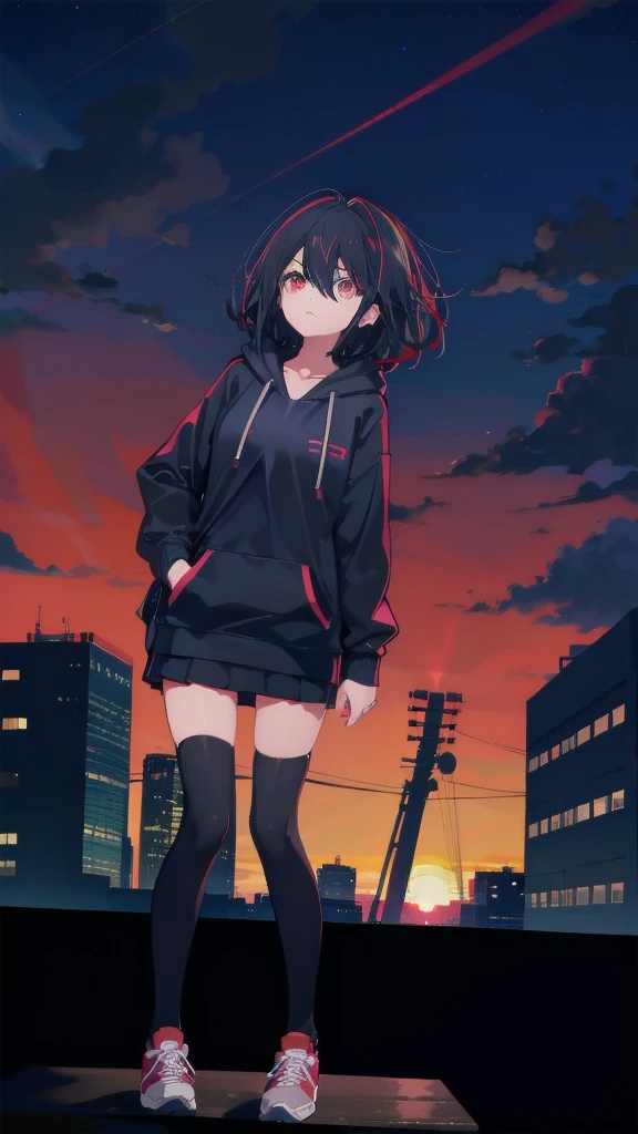 zettai ryouiki, Hoodie,short hair, Black hair, Flat chest, 1girl, Red eyes,s girl,hair pin,Solo, Morning,full body, highres,blue sky,City,Looking up at the shining sunset,Looking up at the sky,Sad expression