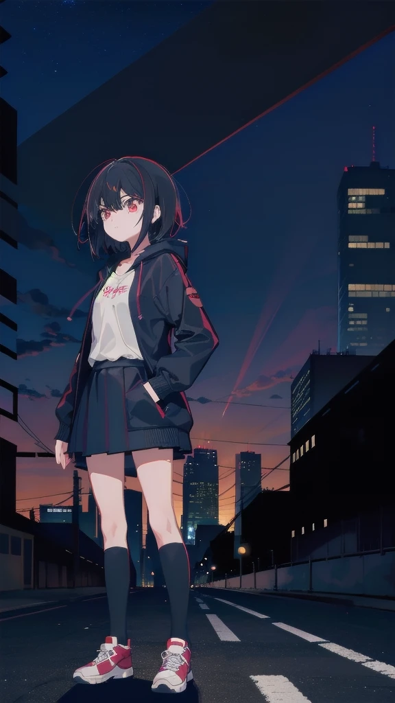 zettai ryouiki, Hoodie,short hair, Black hair, Flat chest, 1girl, Red eyes,s girl,hair pin,Solo, Morning,full body, highres,blue sky,City,Looking up at the shining sunset,Looking up at the sky,Sad expression