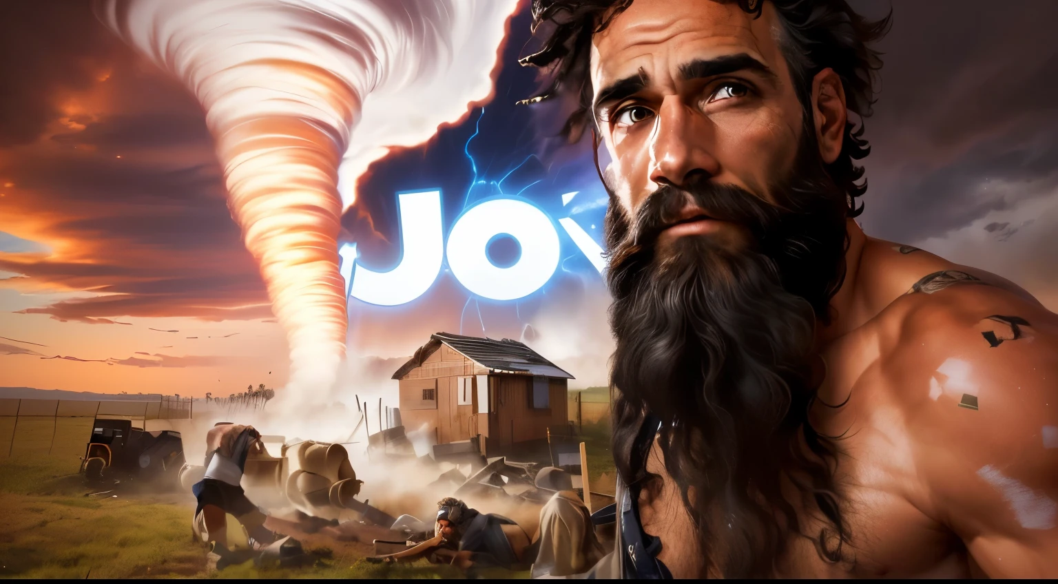 imagem arafada de um homem com barba e barba em frente a um tornado, JO 