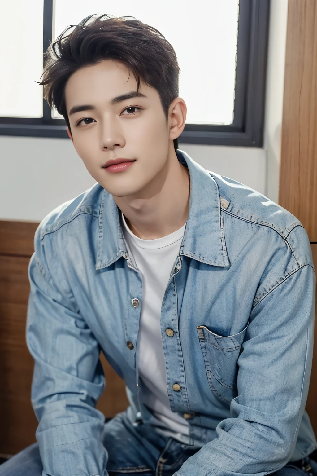 ((Top  Quality, 8K, ​masterpiece: 1.3))、Cool Korea Man, １Man with a、20yo、Well-formed face、Handsome nose、detailed eyes and face、beautiful  lighting、(studio)、Hight Resolution、（looking looking at viewer）、detailed mouth、Sorrisos、s whole body: 1.5, perfect body figure: 1.3, Pictures of both shoulders:1.3, Casual outfit:1.5
