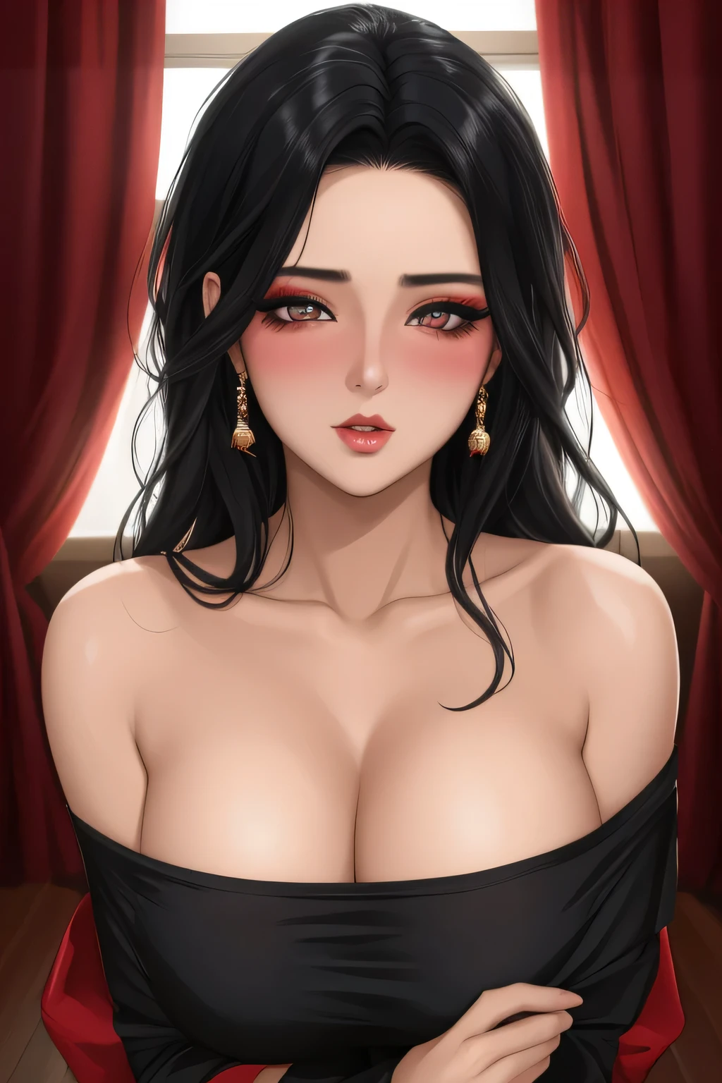 Amazing portrait of a sexy woman with a beautiful face emphasised by amazing makeup and black hair and seductive eyes in an intense gaze with her mouth parted and a deep blush on her face as she's flustered wearing an off shoulder t shirt