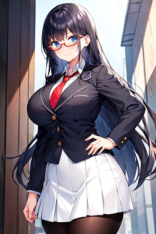 1girl, ((school uniform)), mature female, tall female, dark blue hair, black hair, long hair, wavy mouth, blue eyes, shy, timid, huge breasts, wide hips, thick thighs, pantyhose, arms behind back, white skirt, skirt, red necktie, necktie, black jacket, jacket, pleated skirt, red glasses, glasses, ((black jacket)), ((white skirt)), ((red glasses))