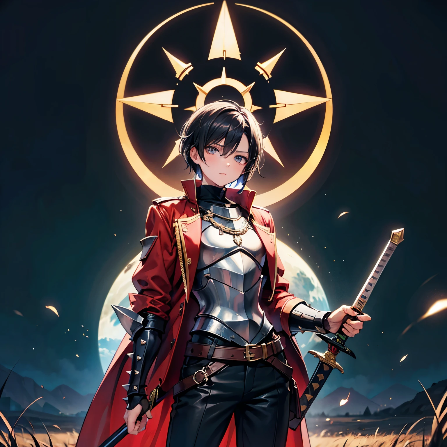 Anime art style,highest quality,High resolution,Anatomically correct,One Man,good looking,20th Generation,Black Hair,Dark Eyes,Very detailed,Fantasy worldview,Spiky Hair,Spiky Hair,Brave,Slim figure,Red long coat,Metal breastplate,Simple armor,Black trousers,Plains at night,Serious expression,Lifted eyes,Sharp Eyes,Holding a long sword,8K