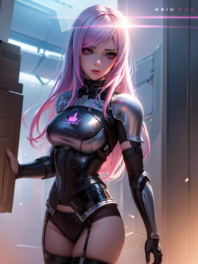 a pretty girl half human and half android, half metallic armor, half stockings and garter belt bustier with laces bra, face half robot half human, purple eyes, pink and white hair, extremely detailed face, perfect facial symmetry, perfect body, on an unknown planet near her spaceship, (best quality,4k,8k,highres,masterpiece:1.2),ultra-detailed,(realistic,photorealistic,photo-realistic:1.37),concept art,digital painting,cinematic lighting,dramatic shadows,vibrant colors,intricate details